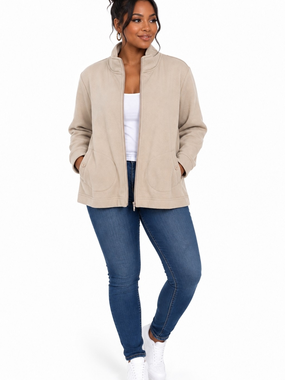 New Beige Zip-Up Mock Neck Jacket Women’s Size XL – Casual Lightweight Layer